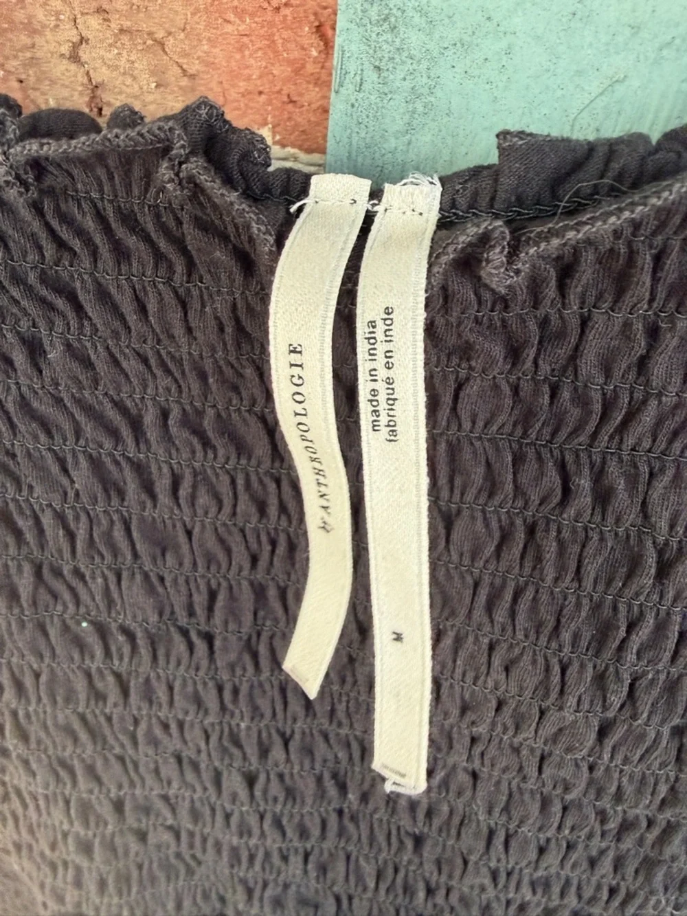 Anthropologie Charcoal 100% cotton Smocked Long Sleeve Top with Satin Ties
